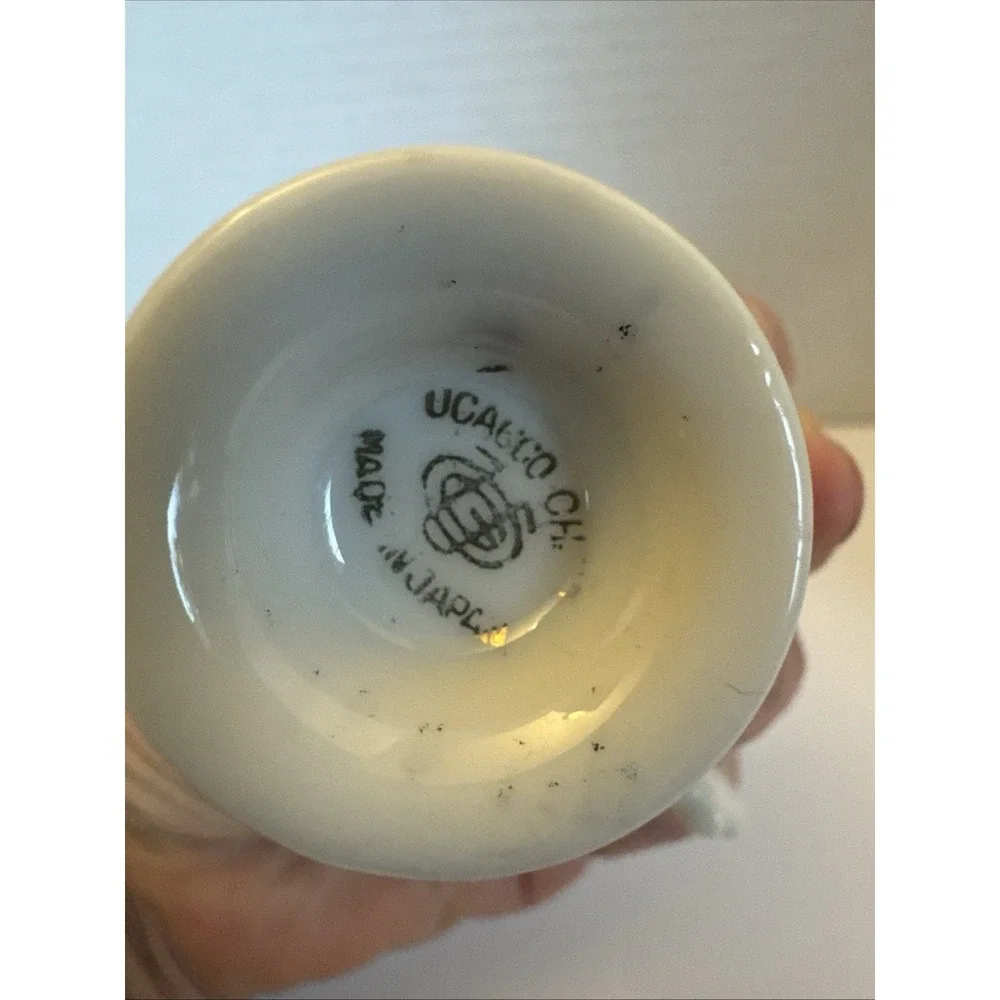 Vintage Ucagco Small Teacup & Saucer Set Sailboat Scene w Gold Trim Japan